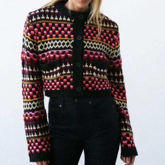 Zara Knit Retro Jacquard Button Down Chunky Cardigan Sweater Black Pink S - Picture 1 of 8